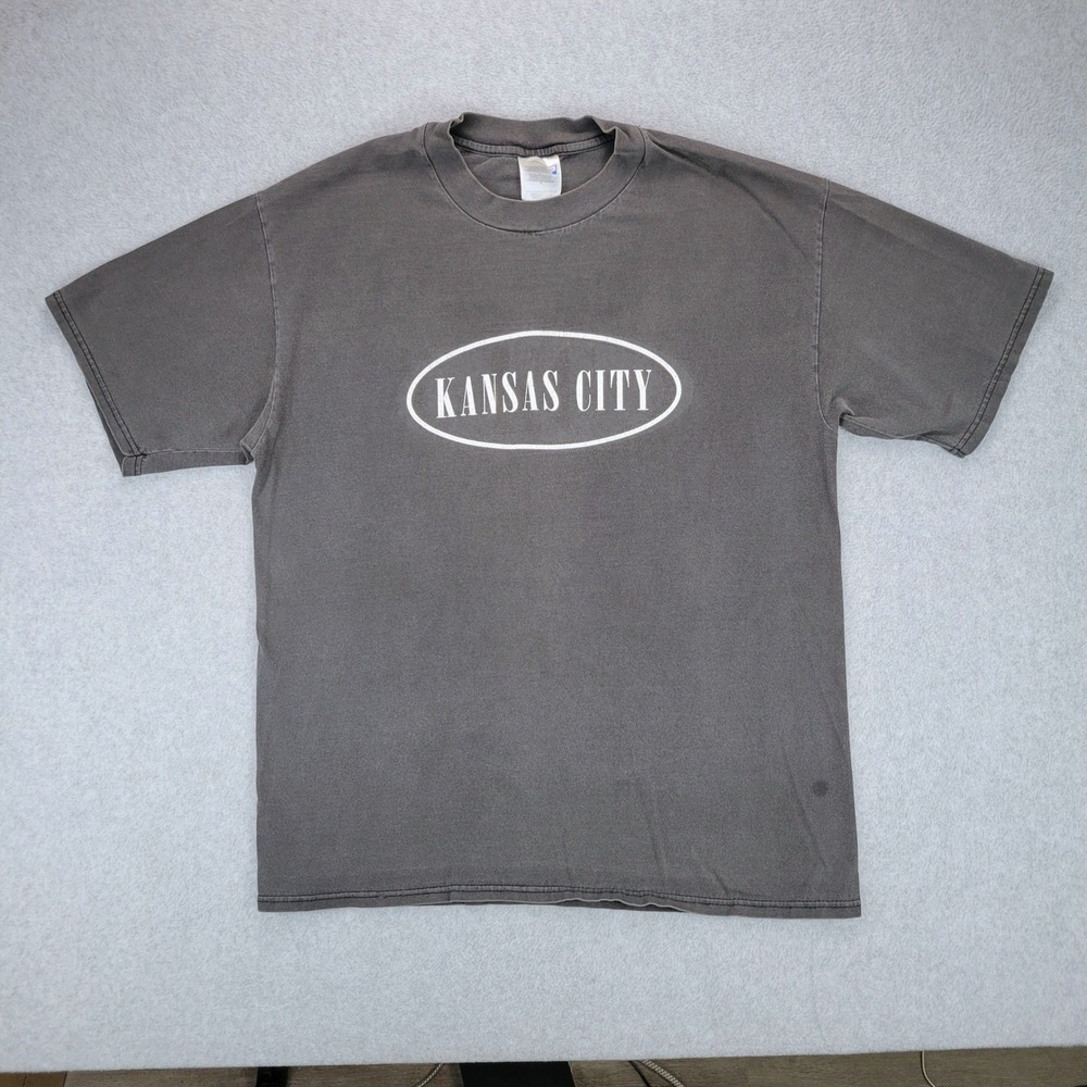 Hanes Beefy-T T-Shirt Mens Large Gray Kansas City Graphic Short Sleeve Vintage